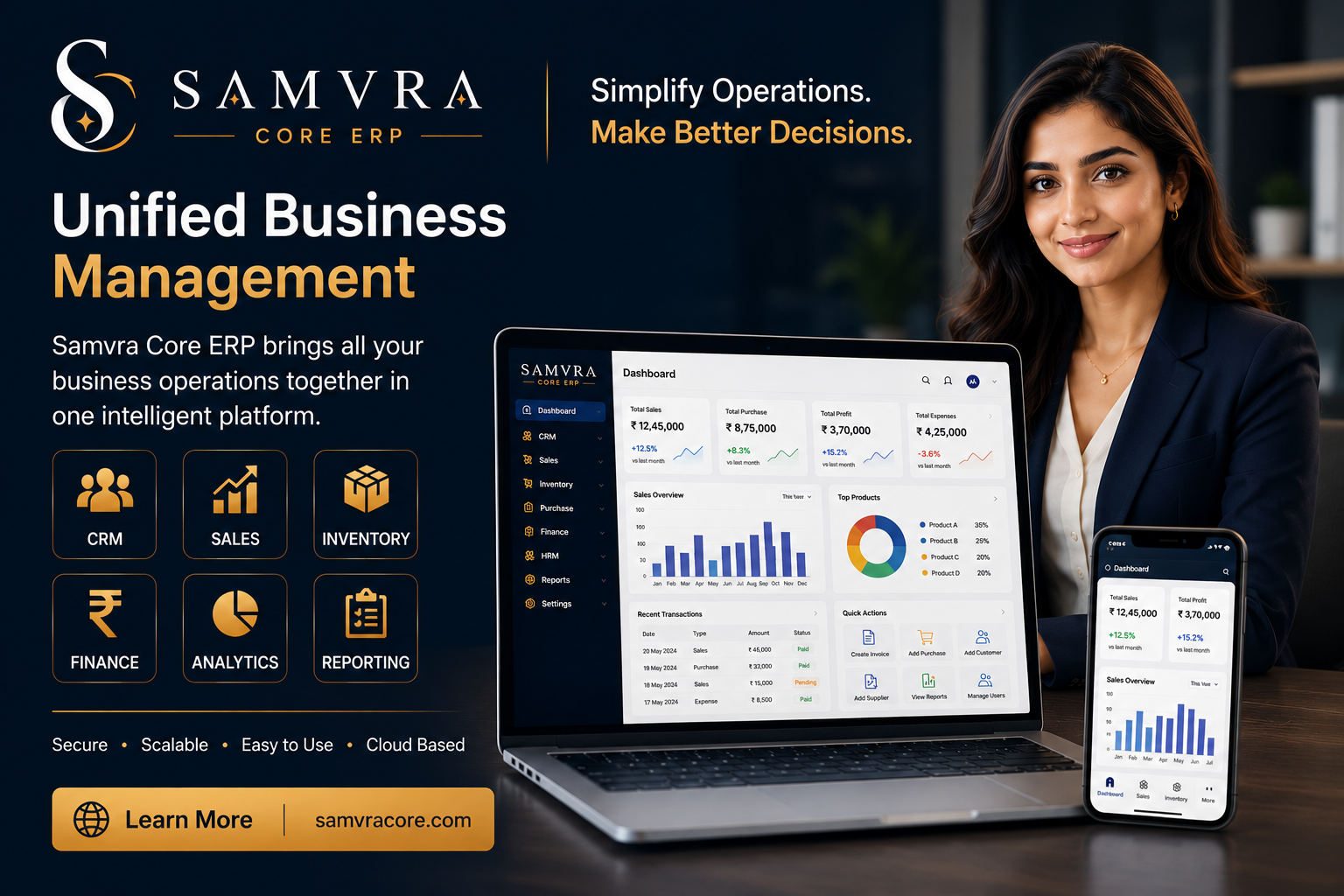 Advertisement for Samvra Core ERP with a woman using a laptop and smartphone displaying the software.