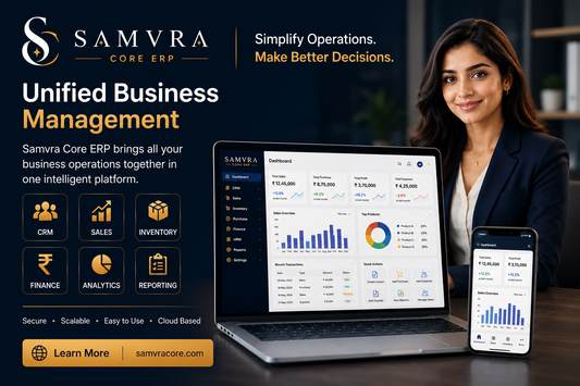 Advertisement for Samvra Core ERP with a woman using a laptop and smartphone displaying the software.